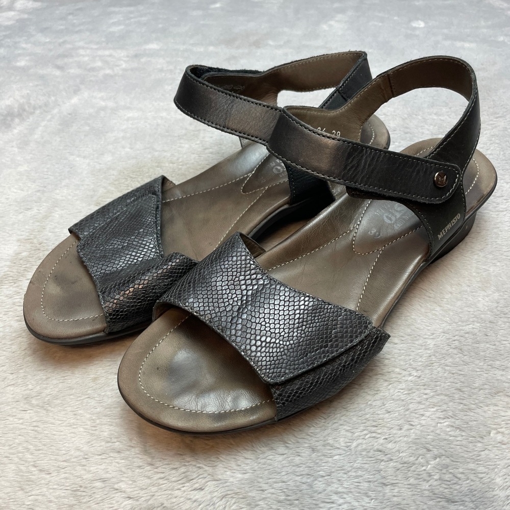 Mephisto Womens Pattie Snakeskin Sandals Size 39/US 9 Black Air-Relax Leather